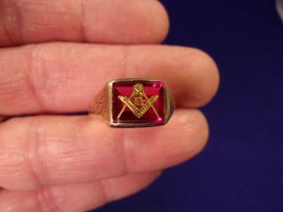 Rare Old Vtg Antique Victorian Era? 10k Rose Gold Masonic Compass Ring,  Red Ruby