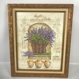 Vintage Completed Cross Stitch Basket Of Lavender Custom Framed