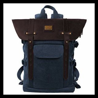 Topwolfs Vintage Backpack Leather Blue Canvas 15.  6 " Laptop Antitheft Bag