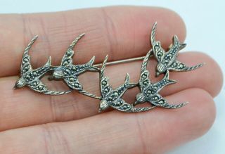 Vintage Sterling Silver & Marcasite SWALLOWS In Flight / Birds Flying BROOCH Pin 6