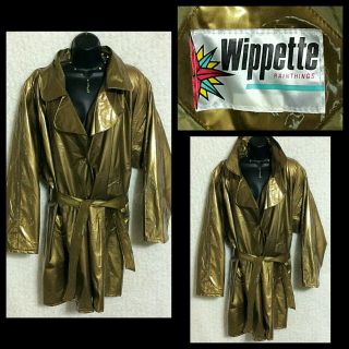 Vtg Wippette Gold Pvc Metallic Vinyl Raincoat Trench Coat Jacket Slicker L - Xl