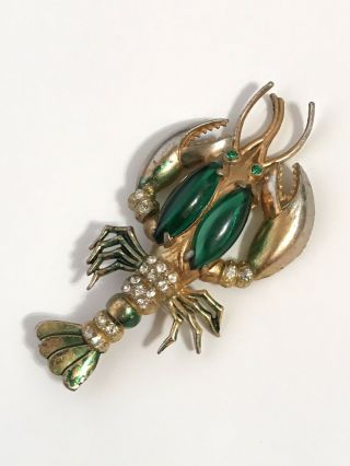 Rare Huge Vintage Enamel Rhinestone Coro Glass Lobster Brooch Pin