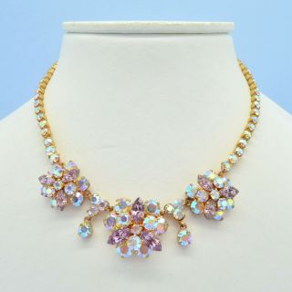 Vintage Necklace 1950s Lilac & Aurora Borealis Crystal Goldtone Bridal Jewellery