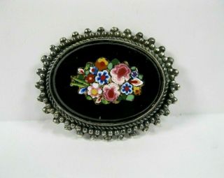 Antique Vtg Victorian Sterling Silver Micro Mosaic Glass Black Onyx Brooch Pin