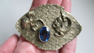 Exquisite Large Antique Art Nouveau Sash Pin Lily Chinese Dog Blue Glass Brooch