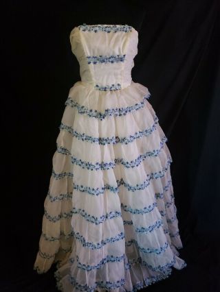 Vintage 40s 50s Tiered Southern Belle Prom Dress Strapless White Blue S M