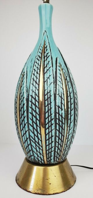 Vintage Mid Century Modern Turquoise Gold Leaves Pattern Ceramic Lamp Kitschy