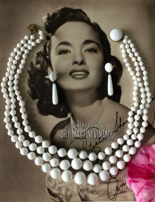 Vintage 50s Triple Strand White Glass Beads Necklace Pierced Earrings Set Bridal