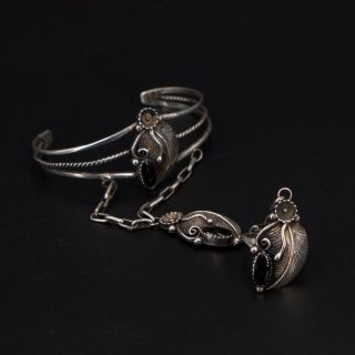 Vtg Sterling Silver - Navajo Onyx Feather Cuff Slave Bracelet & Ring Set - 22g