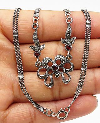 925 Silver - Vintage Garnet Marcasite Accented Floral Chain Necklace - N2034