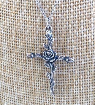 Vintage Sterling Silver James Avery Rose Bud Cross Pendant & Chain Necklace
