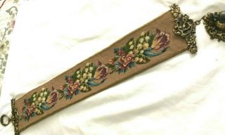 Vintage Floral Wool Needlepoint Bell Pull Brass Hardware With Bell