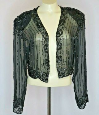 Vtg 90s Cache Black Silk Cropped Beaded Sequin Bolero Evening Gold Lbl Jacket M