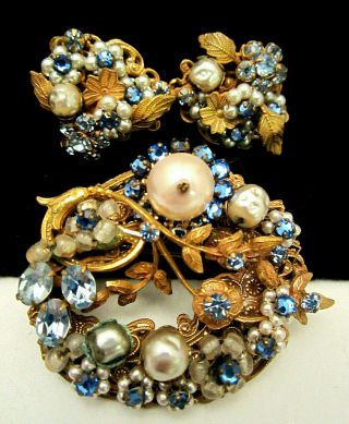 Rare Vintage Signed By Robert Blue Rhinestone 2 " Brooch & Earring Set