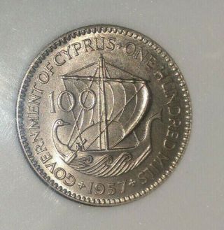 Cyprus 100 Mils 1957 Unc Last Colonial Coin Of Cyprus - Very Rare -