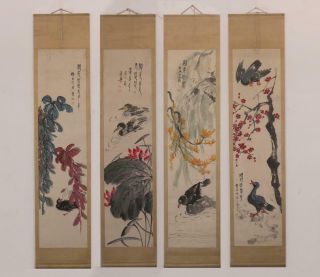 Very Rare Old Four Chinese Hand Painting Scroll Qi Baishi Marked (703)