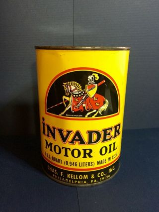 Vintage Invader Motor Oil Quart Chas.  F.  Kellom & Co.  Phil Pa Full Can