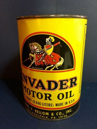 Vintage iNVADER Motor Oil Quart Chas.  F.  Kellom & Co.  Phil PA Full Can 3