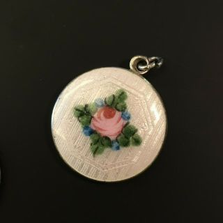 Vintage Sterling Silver Guilloche Enamel Charm White W/ Pink Rose Flowers 21 Mm