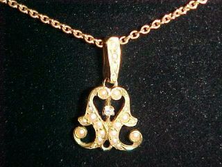 Vintage Lavalier With Diamond And Pearls On 16 " Chain Both Marked 14kt.