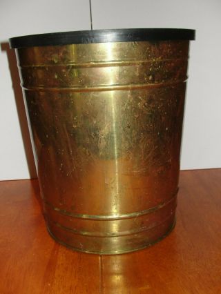 Vintage Mid Century Solid Brass Gold Metal Wastebasket Trash Can 11 " Lined - Euc