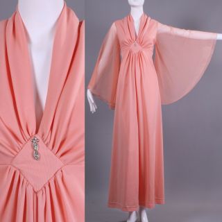 L/xl Vintage 1960s Long Silky Maxi Dress Peach Bell Sleeve Deep V Cocktail 60s