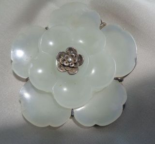 Large Lt.  Jade Flower Design Pendant W,  Sterling & 14kt Gold Bail