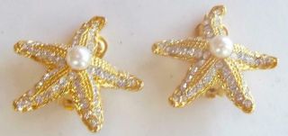 Kenneth J Lane Vintage Earrings Pearls & Pave Ice Rhinestone Star Fish
