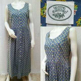 Vintage Laura Ashley Jumper Dress Size 14 L Blue Floral Scoop Full Button Front