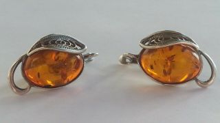 Natural Baltic Amber Vintage Soviet Russian Sterling Silver 925 Earrings