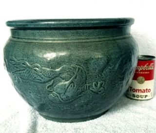 Rare Early Bauer Pottery Dragon Jardiniere Matte Blue (Holed) 2
