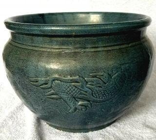 Rare Early Bauer Pottery Dragon Jardiniere Matte Blue (Holed) 3