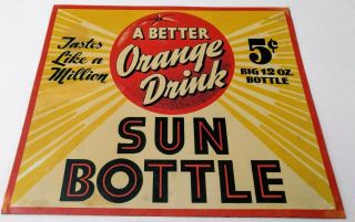 Very Rare 1940s " Sun Bottle " Soda Orange Drink Metal Sign.  L@@k