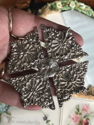 Unusual Huge Antique Sterling Silver Italian Religious Cross Necklace Pendant