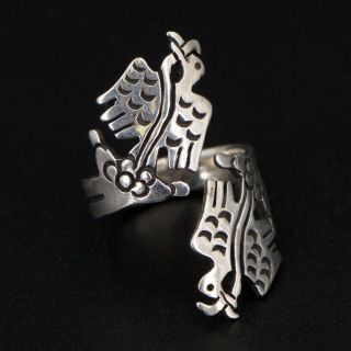 Vtg Sterling Silver - Mexico Eagle Snake Serpent Bypass Ring Size 7.  5 - 6.  5g