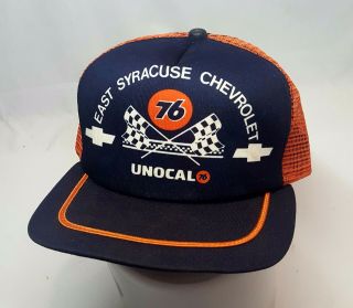 Vtg East Syracuse Chevrolet Trucker Hat Snapback Mesh Cap Unocal 76 Rare Nos