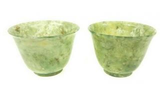 Pair Vtg Chinese Thinly Carved Green Bowenite/xiu Jade Wine Cups.