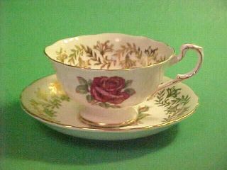 Vintage Paragon Cabbage Rose Cup And Saucer Light Green And Gold Border