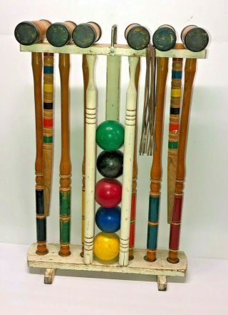 Vintage Wooden Croquet Set In Stand Decor Item Summer Porch