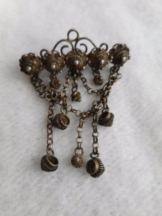 Antique Victorian Etruscan Cannetille Wire Work Sterling Silver Dangle Pin