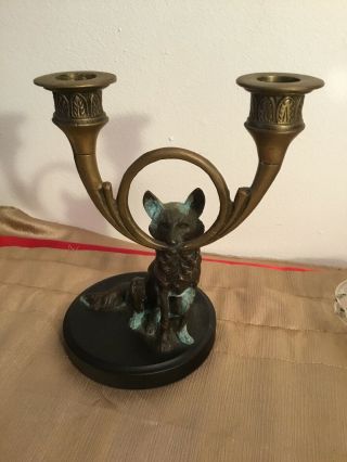 Vintage Bronze Brass Fox Sculpture Candle Holder On Metal Base