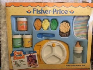 Vintage Fisher Price Baby’s Mealtime Set Fun With Food 1987 Toy Bottle Dish