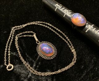 Antique Victorian Dragons Breath Opal Glass Ring Necklace Solid Sterling Silver
