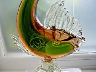 Stunning Large 29 Cm Vintage Murano Sommerso Amber Green Glass Fish