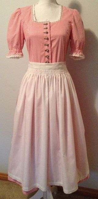 Vintage Os Trachten Eu Sz 38 Pink & White Authentic German Dirndl Dress & Apron