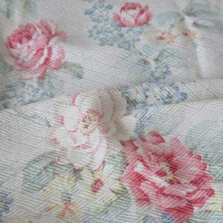 Vintage 1940s Nubby Barkcloth Fabric Faded Pink Roses Blue Cream Flowers 72 " X33 "