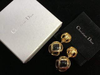 Vintage Large Christian Dior Signed Black & Gold Dangle Clip Earrings W/ Pouch