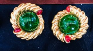 Vintage Green Givre Poured Glass Gold Plated Earrings.