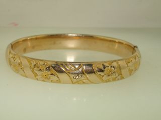 Lovely Art Nouveau Rose Gold Filled Floral Hinged Bangle Bracelet Jf Ss Pat.