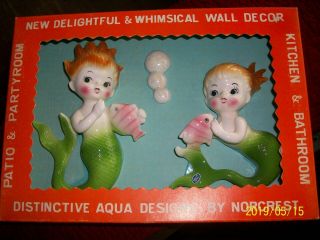 Nib Vintage Norcrest Boy & Girl Mermaids Wall Decor W/bubbles Made In Japan